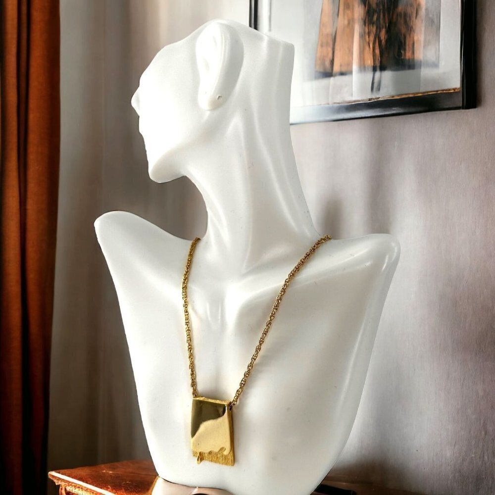Vintage Kramer Gold Modernist Dripping Block Pendant Chain Necklace